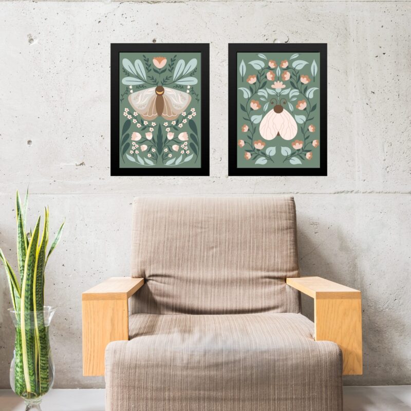 Kit 2 Quadros Gravuras Boho - Borboletas