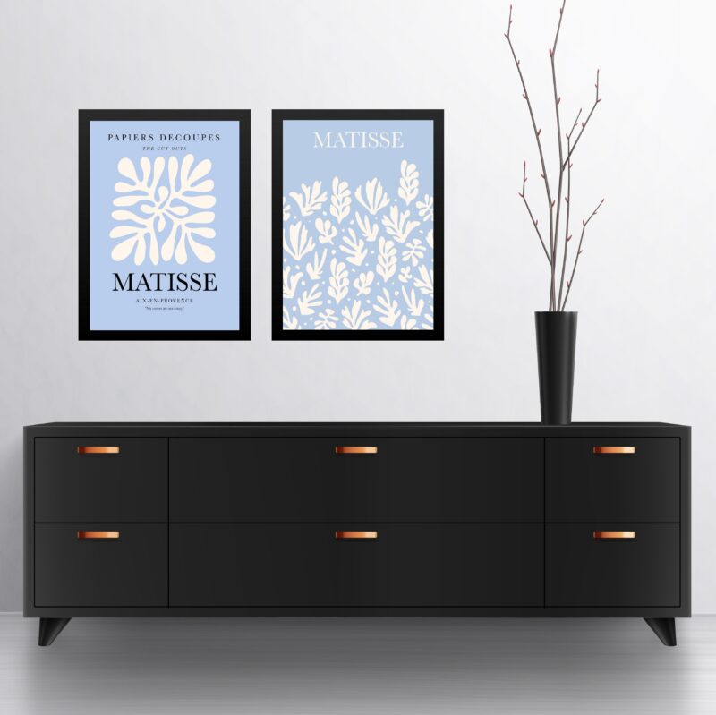 Kit 2 Quadros Gravuras Matisse Azul e Branco