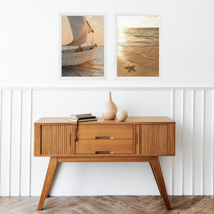 Kit 2 Quadros Praia Bege - Mar e Barco