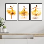 Kit 3 Quadros Bailarinas Amarelas - Aquarela