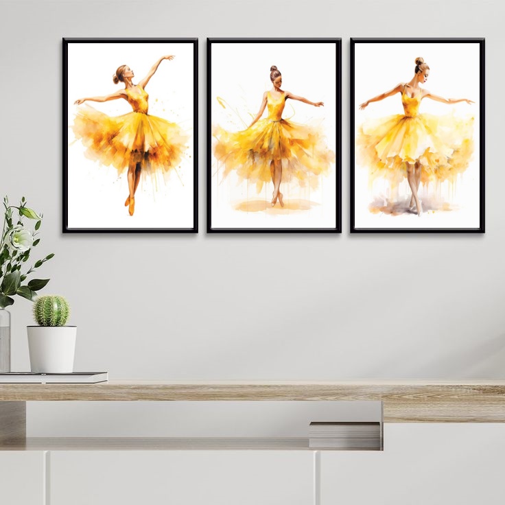 Kit 3 Quadros Bailarinas Amarelas - Aquarela