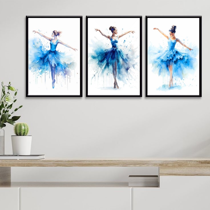 Kit 3 Quadros Bailarinas Azul - Aquarela