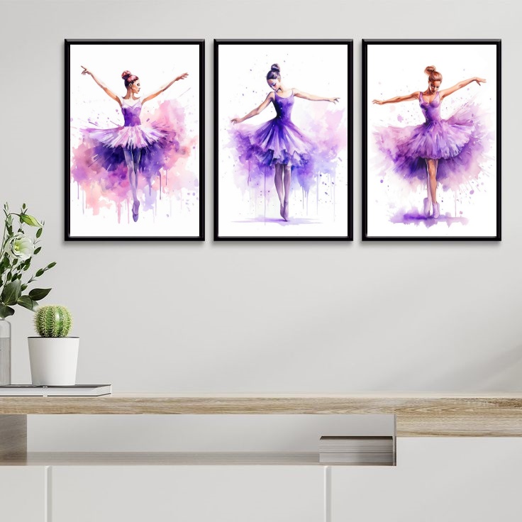 Kit 3 Quadros Bailarinas Lilás - Aquarela