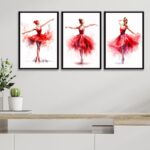 Kit 3 Quadros Bailarinas Vermelhas - Aquarela