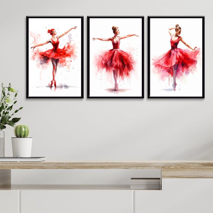 Kit 3 Quadros Bailarinas Vermelhas - Aquarela