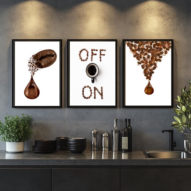 Kit 3 Quadros Grãos De Café Gotas - ON OFF