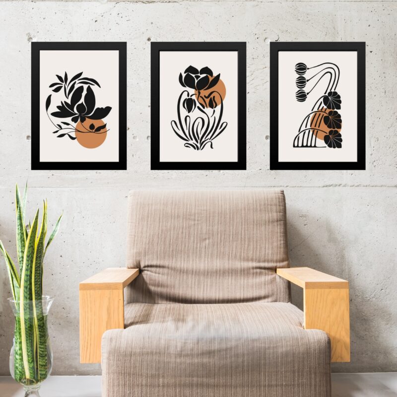 Kit 3 Quadros Gravuras Boho Folhas Preto e Marrom
