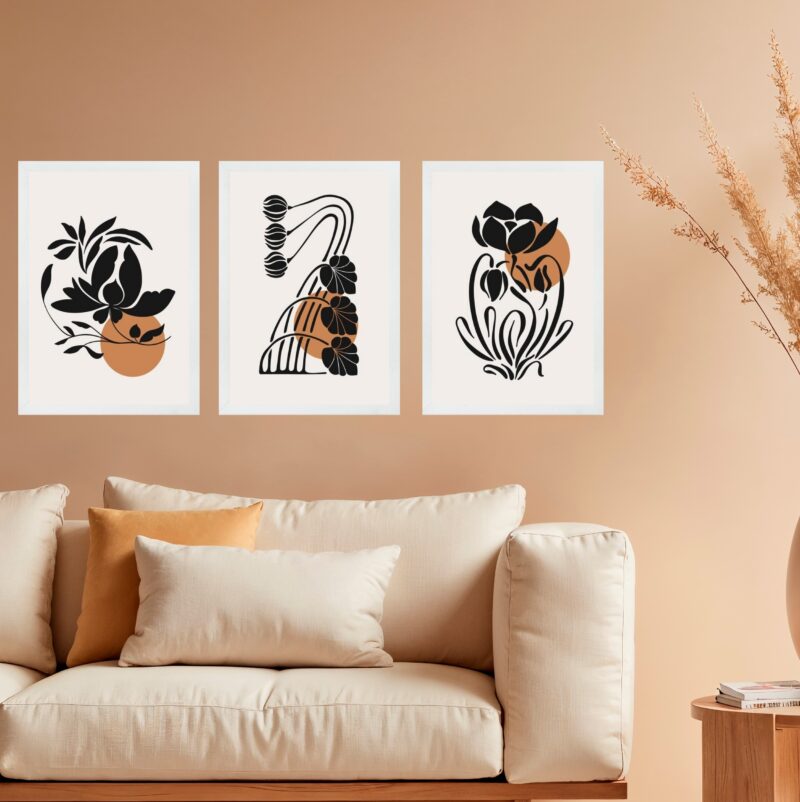 Kit 3 Quadros Gravuras Boho Folhas Preto e Marrom b