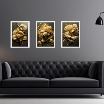 Kit 3 Quadros Gravuras Flores Douradas b