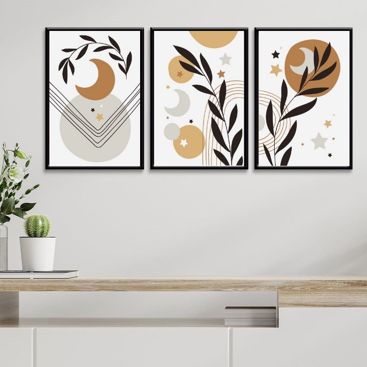 Kit 3 Quadros Luas e Estrelas Boho
