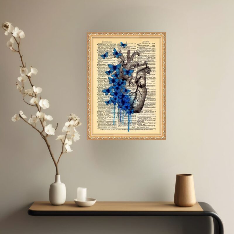 Quadro Decorativo Coração Borboletas Azuis Vintage