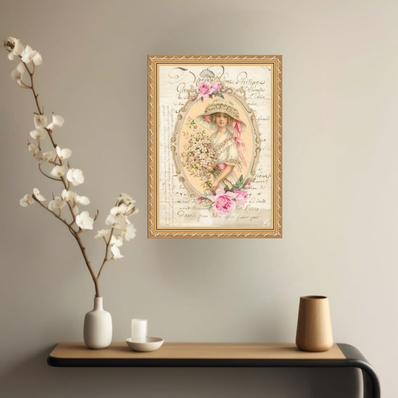 Quadro Decorativo Mulher Buquet Flores Vintage