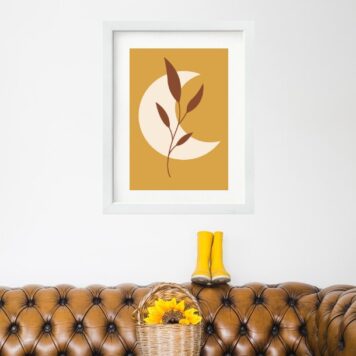 Quadro Escandinavo Lua Folha Mostarda- 60x48 Cm