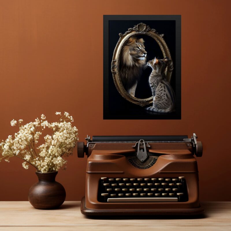 Quadro Gato Olhando Espelho Vendo Leão b