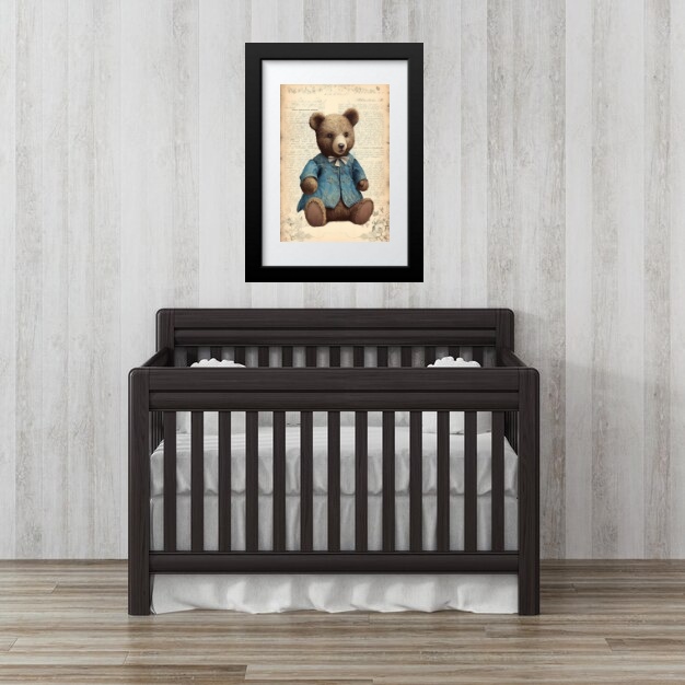 Quadro Infantil Urso Antigo Azul - 60x48 Cm