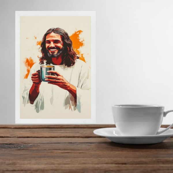 Quadro Jesus Tomando Café - Aquarela