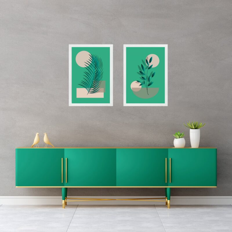 Kit 2 Quadros Abstratos Folhas Fundo Verde b