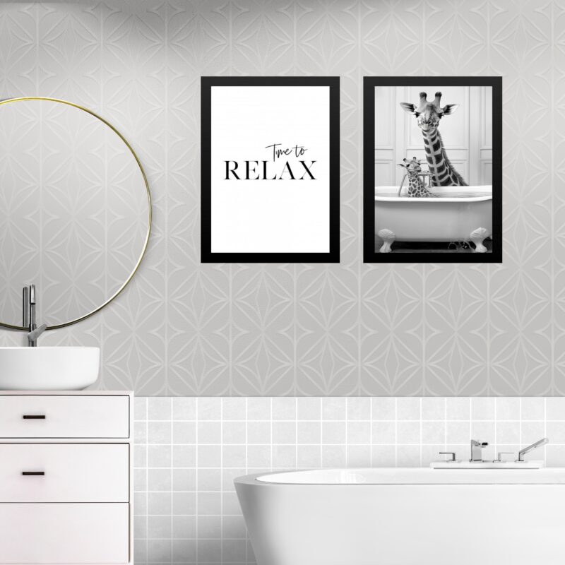 Kit 2 Quadros Banheiro Girafas - Time To Relax