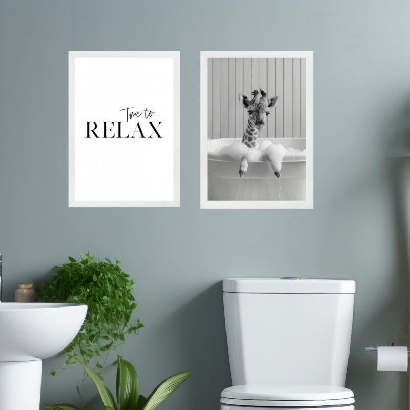 Kit 2 Quadros Banheiro Girafinha - Time To Relax