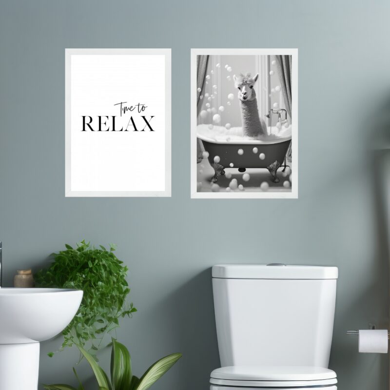 Kit 2 Quadros Banheiro Lhama - Time To Relax
