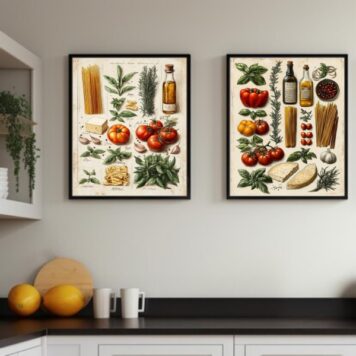 Kit 2 Quadros Cozinha Italiana Vintage - Ingredientes