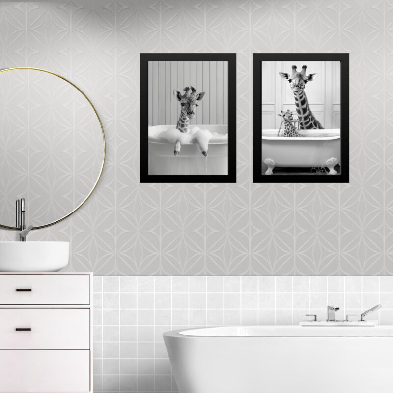 Kit 2 Quadros Decorar Banheiro - Girafas