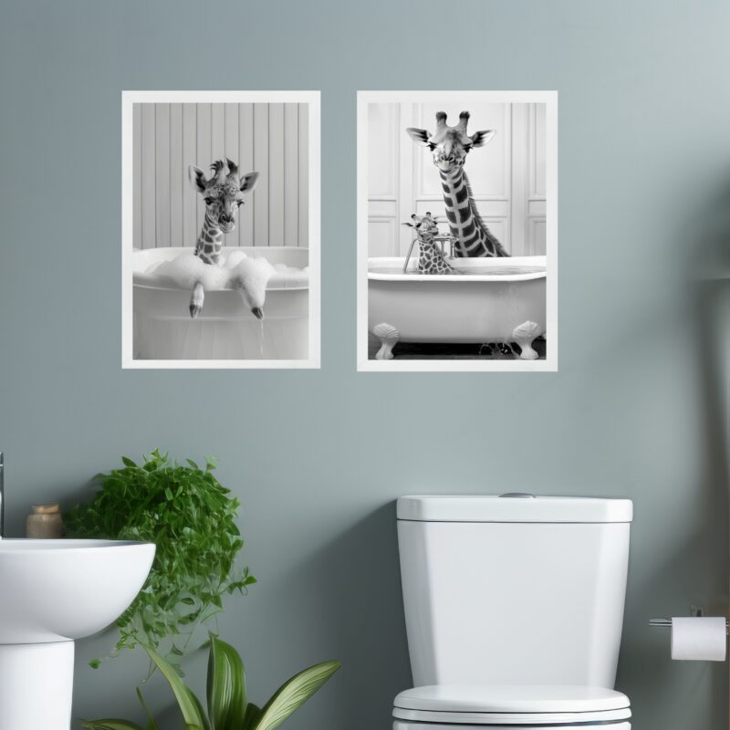 Kit 2 Quadros Decorar Banheiro - Girafas