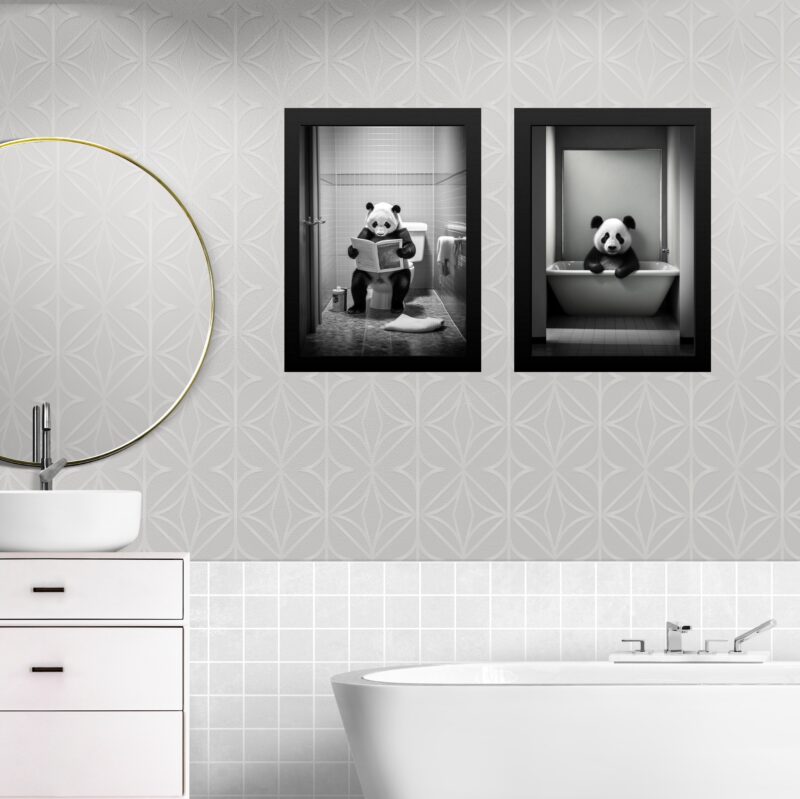 Kit 2 Quadros Decorar Banheiro - Urso Panda