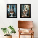 Kit 2 Quadros Para Banheiro Girafas Com Jornal