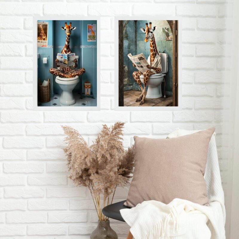 Kit 2 Quadros Para Banheiro Girafas Com Jornal b