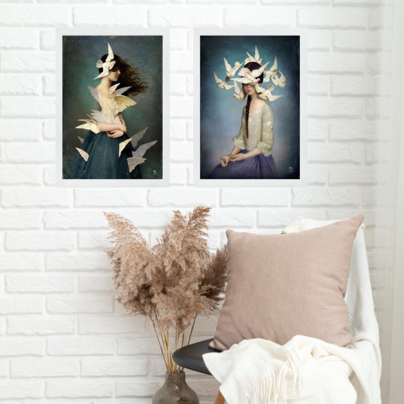Kit 2 Quadros Surrealistas Mulher Com Pássaros b