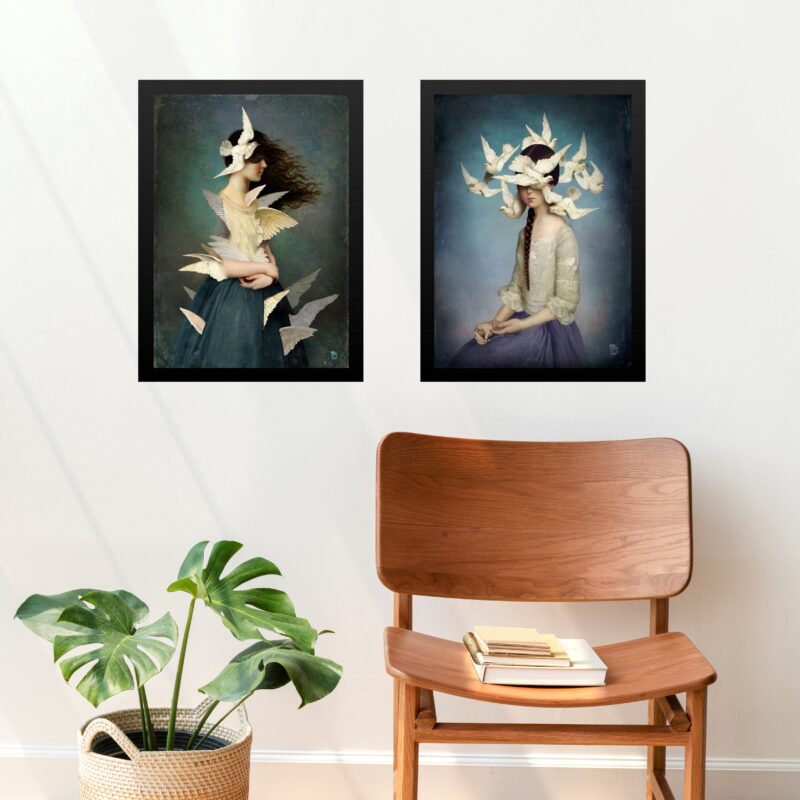 Kit 2 Quadros Surrealistas Mulher Com Pássaros