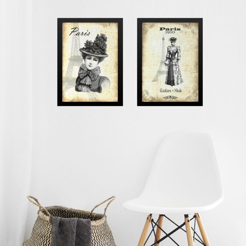 Kit 2 Quadros Vintage Moda - Dama Paris