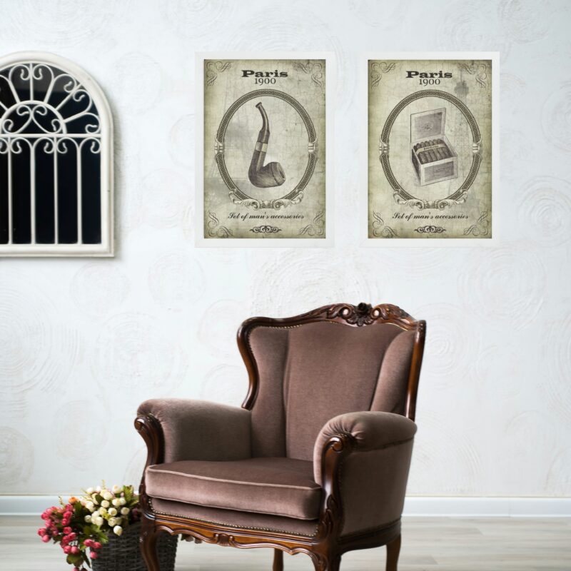 Kit 2 Quadros Vintage Tabacaria - Cachimbo e Charuto b
