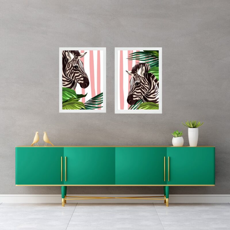 Kit 2 Quadros Zebras Listras Rosas b
