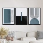 Kit 3 Quadros Abstrato Azul Petróleo Linhas Arcos