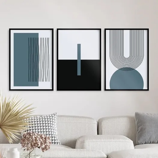 Kit 3 Quadros Abstrato Azul Petróleo Linhas Arcos