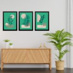Kit 3 Quadros Abstratos Folhas Fundo Verde
