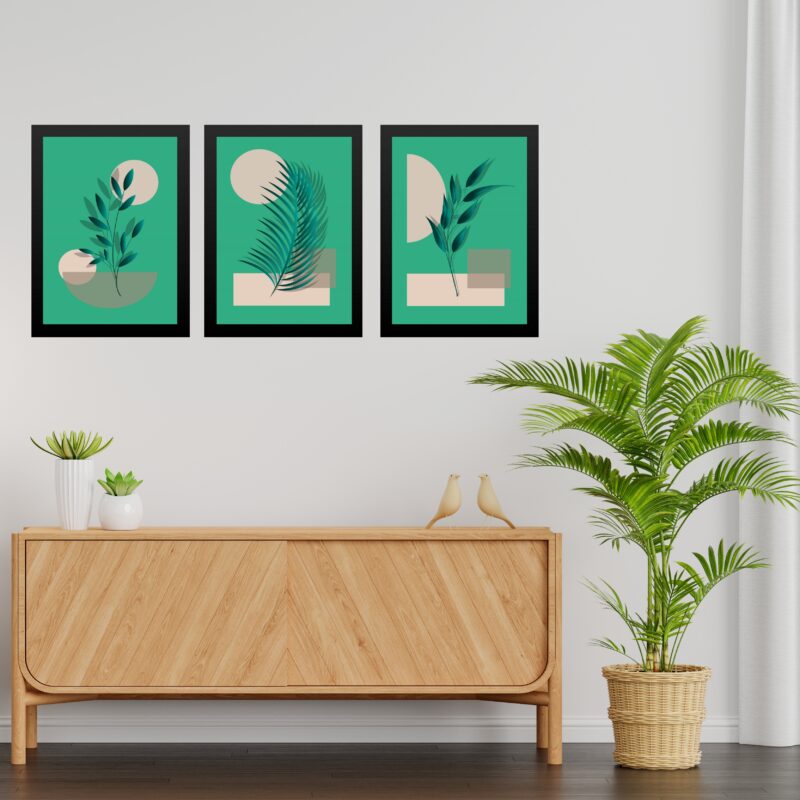 Kit 3 Quadros Abstratos Folhas Fundo Verde