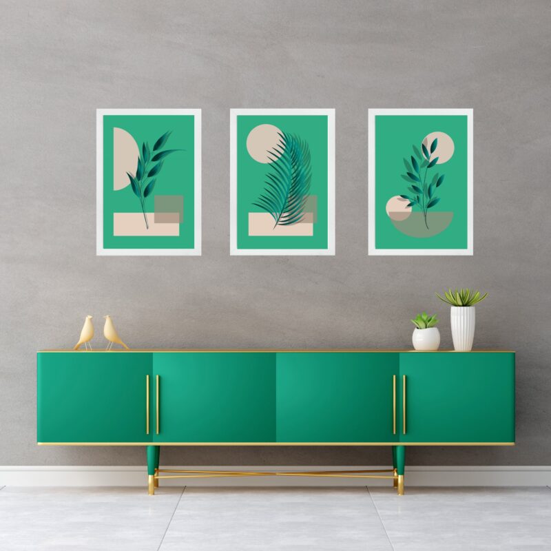 Kit 3 Quadros Abstratos Folhas Fundo Verde b