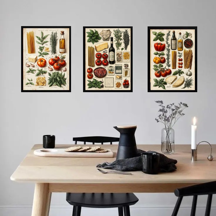 Kit 3 Quadros Cozinha Italiana Vintage - Ingredientes