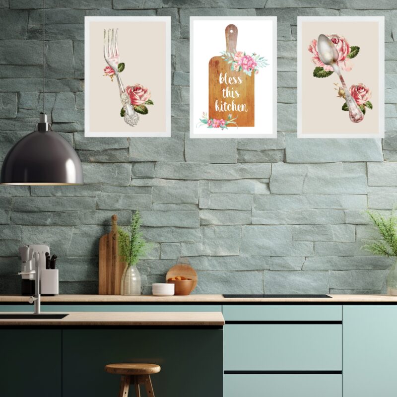 Kit 3 Quadros Cozinha Vintage- Bless This Kitchen