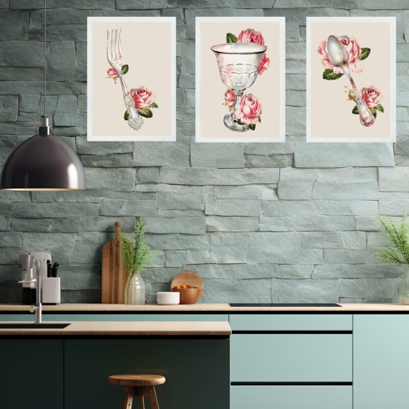 Kit 3 Quadros Cozinha Vintage- Flores