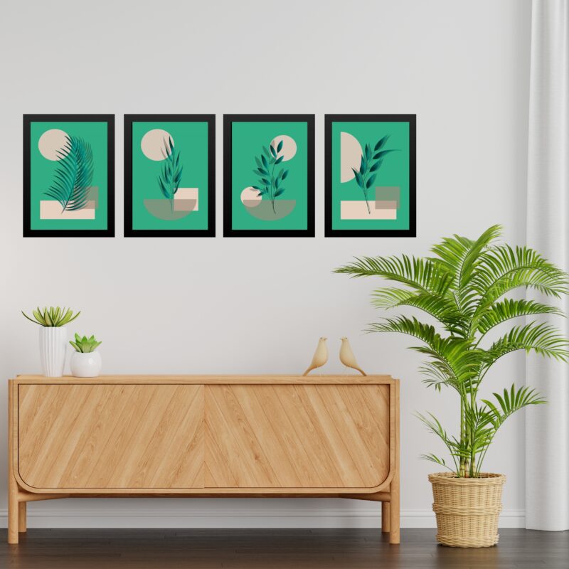 Kit 4 Quadros Abstratos Folhas Fundo Verde