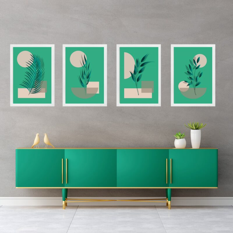 Kit 4 Quadros Abstratos Folhas Fundo Verde b