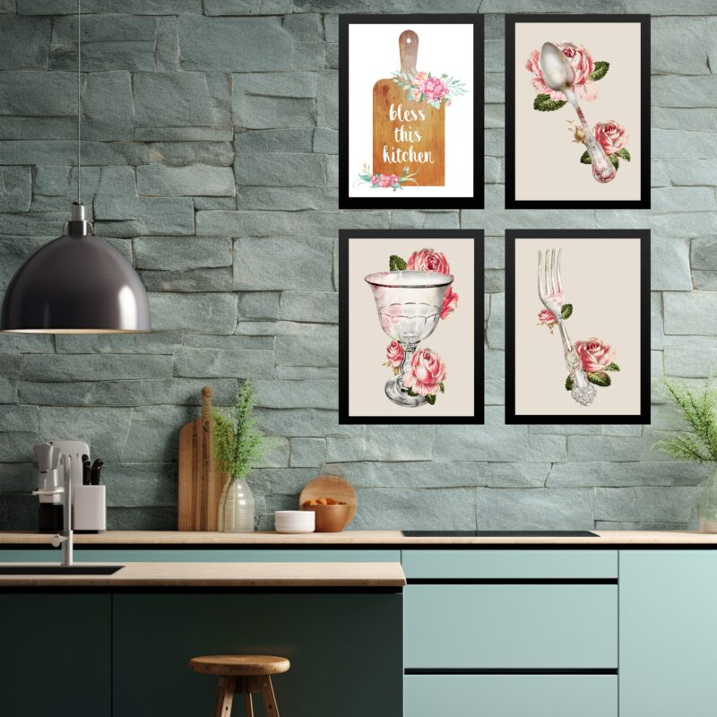 Kit 4 Quadros Cozinha Vintage- Bless This Kitchen