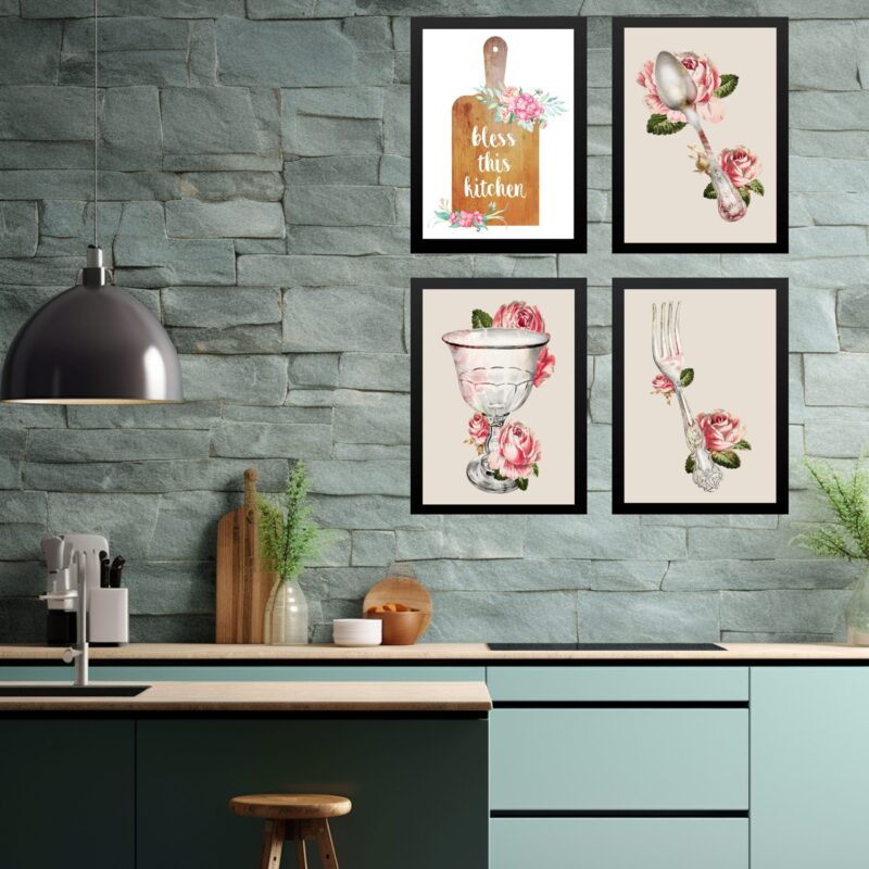 Kit 4 Quadros Cozinha Vintage- Bless This Kitchen