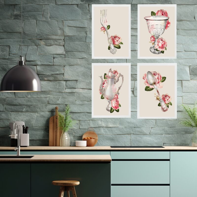 Kit 4 Quadros Cozinha Vintage- Flores b