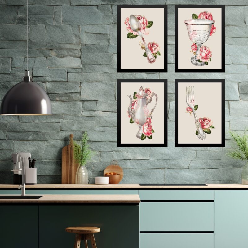 Kit 4 Quadros Cozinha Vintage- Flores