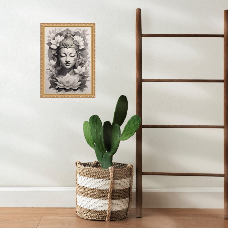 Quadro Moldura Dourada Buda Cinza b
